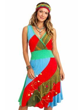 Rising International Colorful Boho Hippie Patchwork Empire Waist Dress Women M